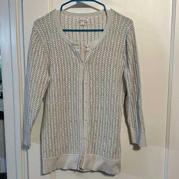 Merona Gray And Cream 3/4 Length Sleeve Women’s Cardigan Size Large - Picture 1 of 5